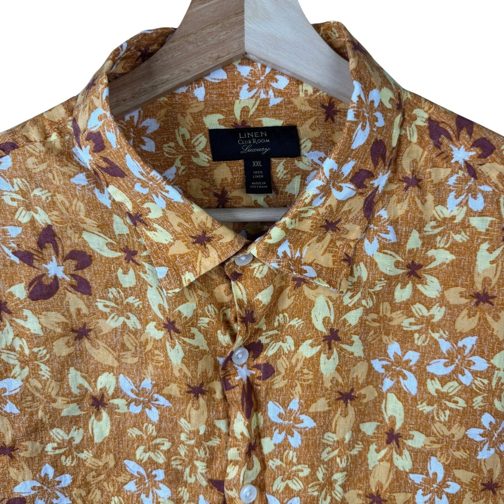 Club Room Luxury 100% Linen Floral Button Up Shirt Mens XXL Orange Tropical Long